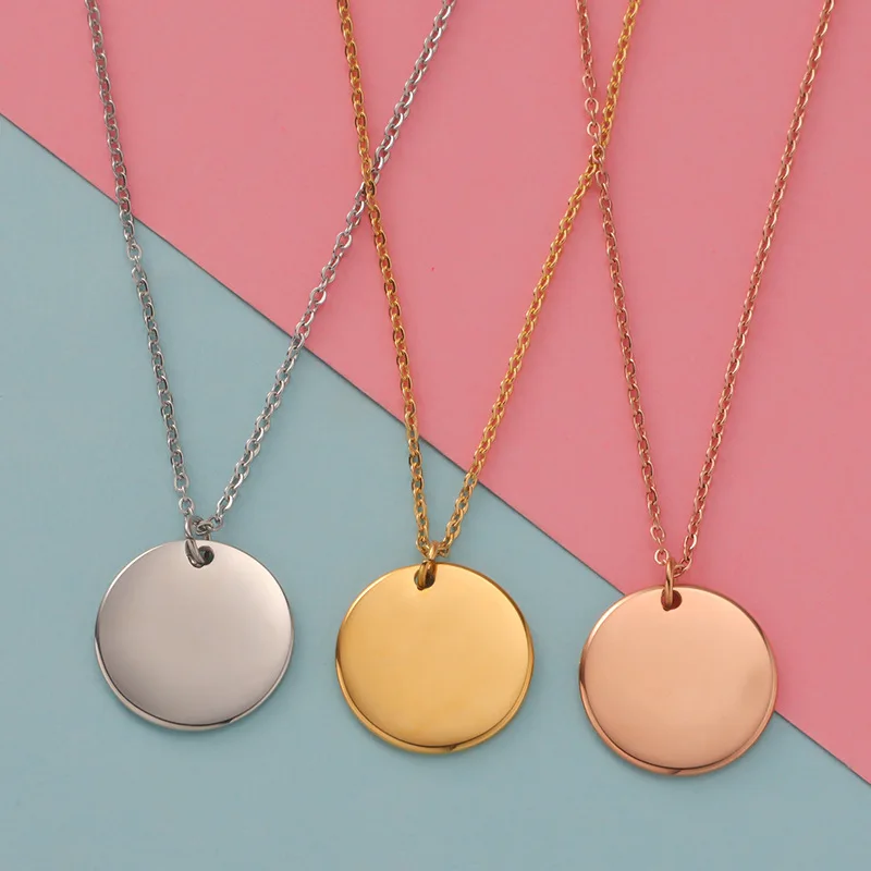 

Stainless Steel Disc Charm High Polished Round Shape Blank Pendant Necklace with Chain 12MM 15MM