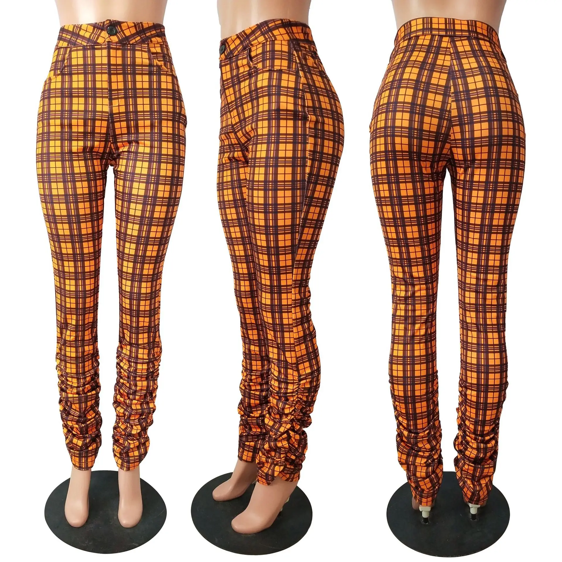 

Fashion Female Clothes Winter Clothing Trousers Plaid Casual Ruched Stacked long Pants For Women, Red,orange,fluorescent green,blue