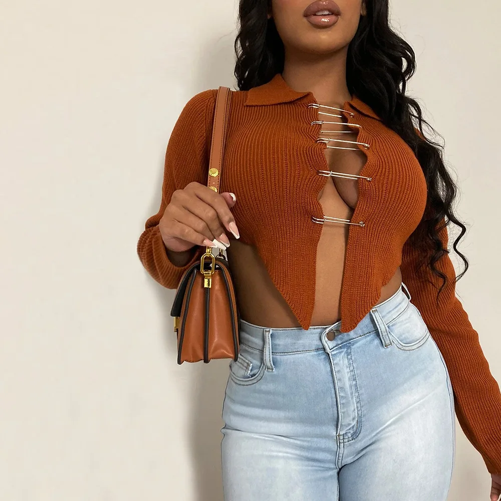 

Yingchao 2021 Trendy Fashion Hot Sexy Casual Solid Color Deep V-neck Bodycon Long Sleeve Crop Tops T-shirt Women Daily Wear