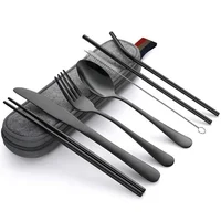 

Reusable utensils portable travel black color titanium cutlery tableware set with knife fork spoon straw chopsticks brush
