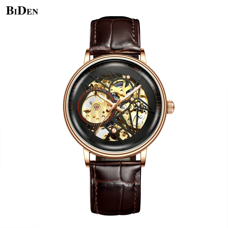 

0219 Retro men's watch luxury men's mechanical watch genuine leather waterproof hollow design clock fashion butterfly buckle, 4 colors