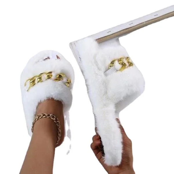 

Fall slippers 2021 round head flat chain fluffy slippers