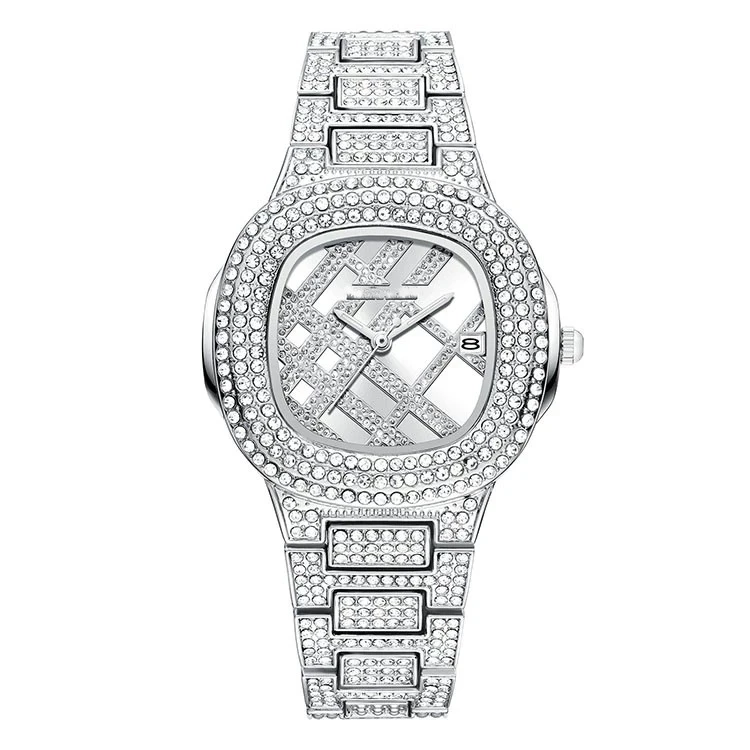 

Trendy Fashion Water Proof Bling Bling Iced Out Quartz Wristwatch With Cubic Zirconia Band For Women Men Gift, Gold