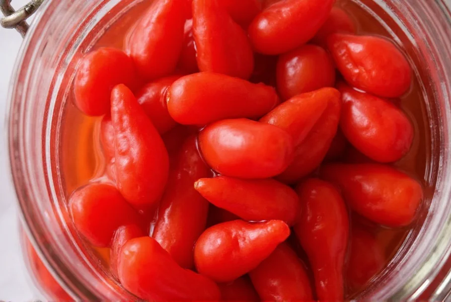 Close-up view of peppadew peppers in glass jar with brine, showing their vibrant red color and distinctive cherry-like shape