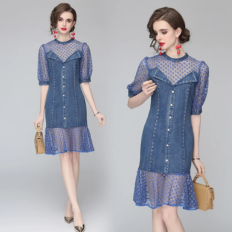 

Hot sale lace denim dress 2021 new slim fashion elegant fashion denim summer dress