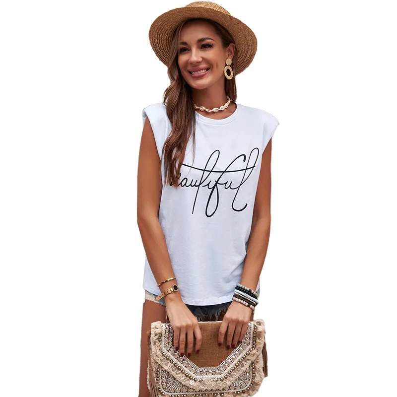 

2021 Best Selling Stylish Padded Shoulder Letter Print Tank Top Women Summer Tank Tops