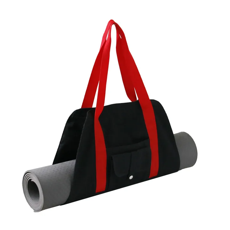 

Lightweight Easy Carrying Multi-pockets Canvas Yoga Mat Tote Carrier Shoulder Bag for Gym Fitness, Black with red strap