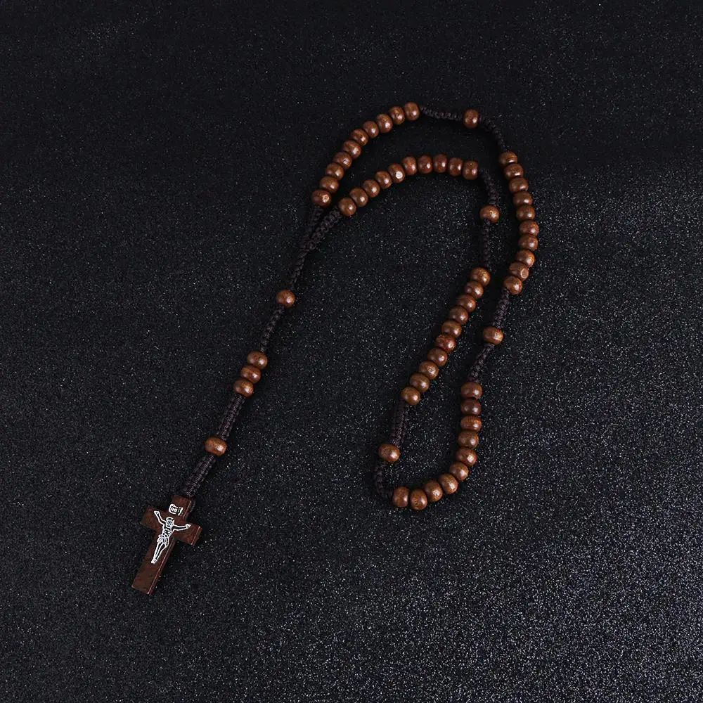 

2018 New Wooden Beads Hollow Cross Pendant Necklace for Women Men Rosary Necklaces Wood Color Long Time Center and Cross 12.9g