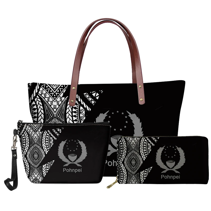 

Black Luxury Polynesian Tribal Handbags for Women Casual 3pcs Purse Set Neoprene Female Ladies Hawaiian Tote Bag Top-handle Bags