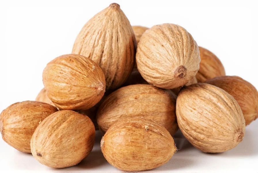 Whole nutmeg seeds next to freshly grated nutmeg showing the difference in texture and color