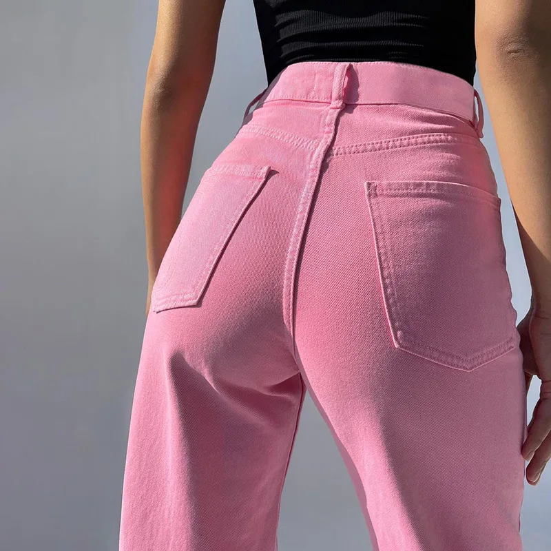 

New arrival women high waist pink jeans demin pants ripped holes straight wide legged pants jeans