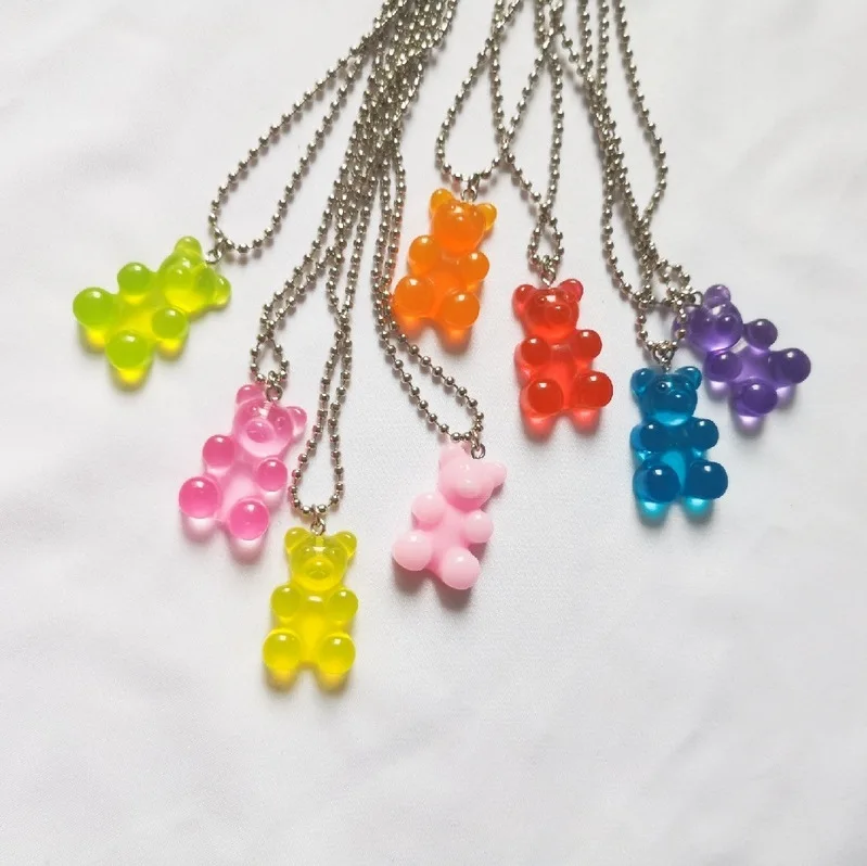 

Wholesale New Arrival Punk Beads Chain Gummy Bear Necklace Personalized Color Resin Bear Pendant Necklace