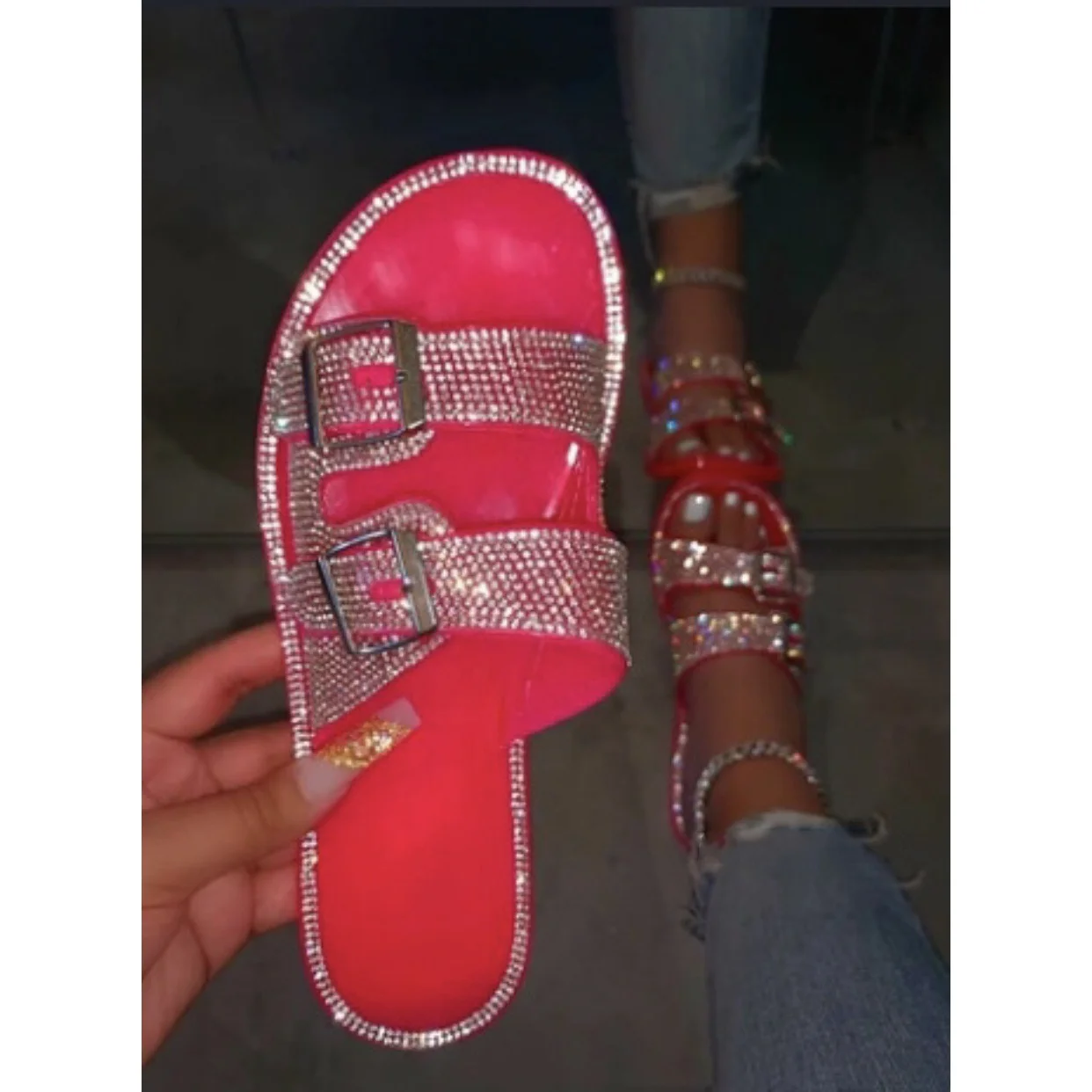 

2021 Hot Double Strap Women Jelly Shoes with Rhinestone Diamonds Flat Sandals for Beach Crystal Lady Slippers