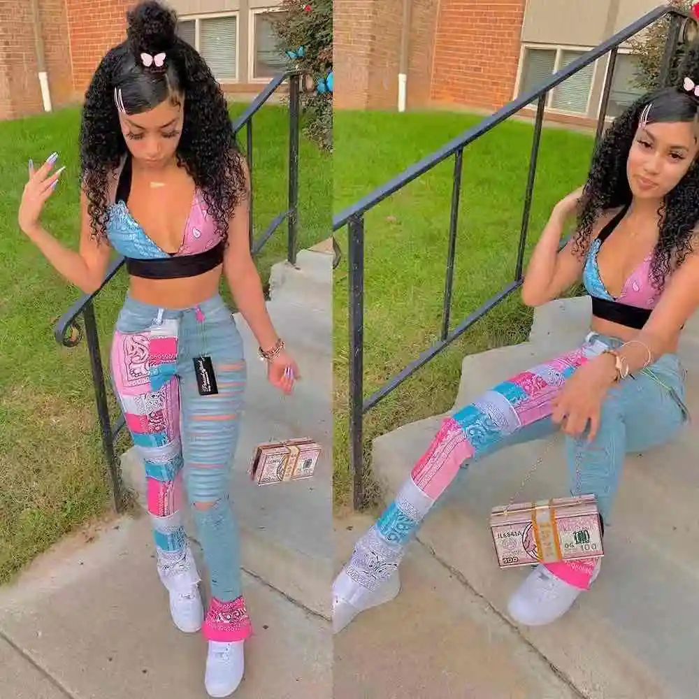 

2021 hot sale 4xl women plus size pants fashion denim ripped jeans with paisley bandana patchwork casual trousers, As picture