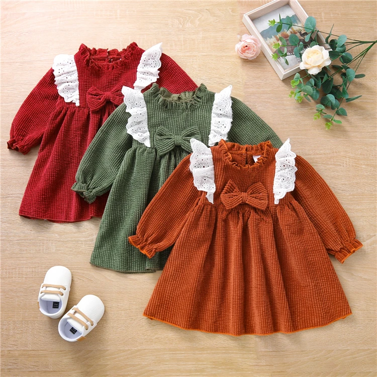 

Little Infant Kids Girl's Casual Long Sleeve Dress Fashion Solid Color Corduroy Flounce A-line Dress 3m-3t