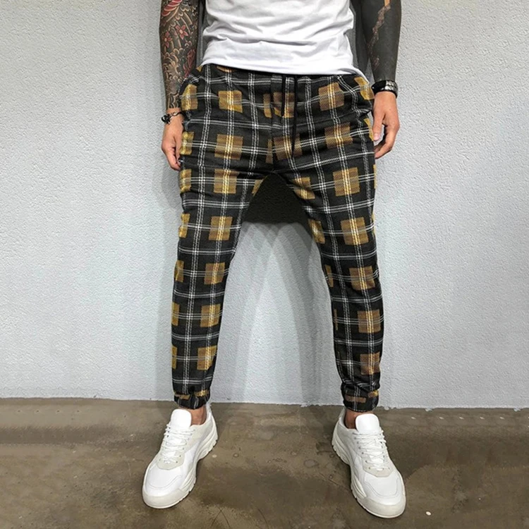 

Casual Stitching Color Plaid Drawstring Design Cotton Blend Men Pants, Yellow,red,army green