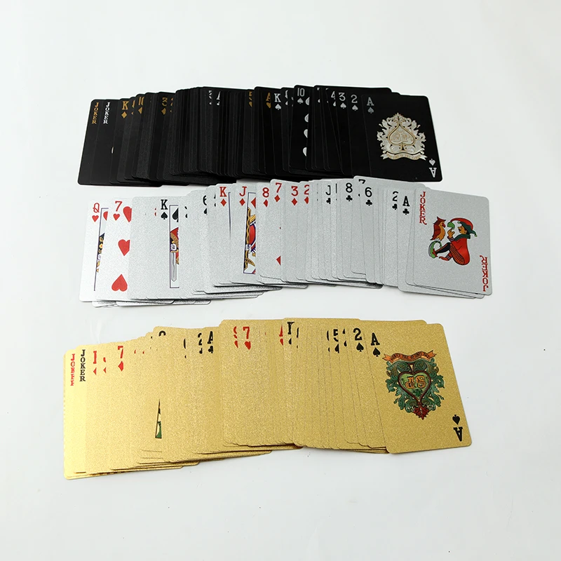 

wholesale custom 58*88mm 100% plastic pvc golden silver black playing cards waterproof poker cards