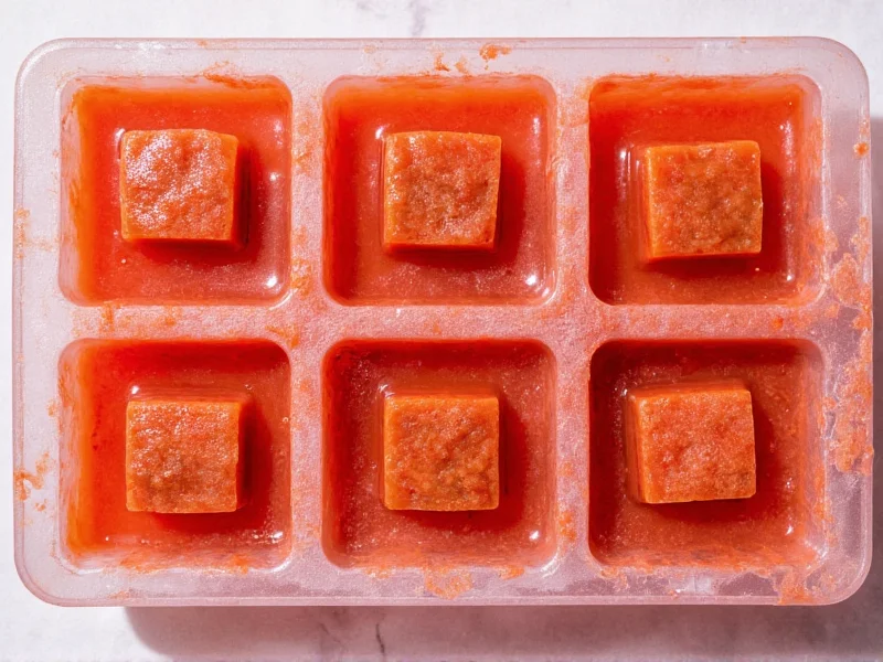 Tomato sauce cubes frozen in ice tray
