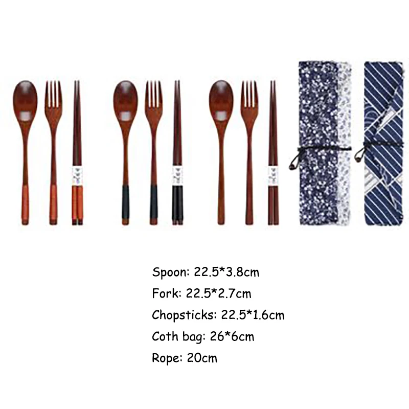 

Portable Tableware Wooden Cutlery Sets With Chopsticks Spoon Fork Travel Gift Dinnerware Suit With Cloth Bag, As photo