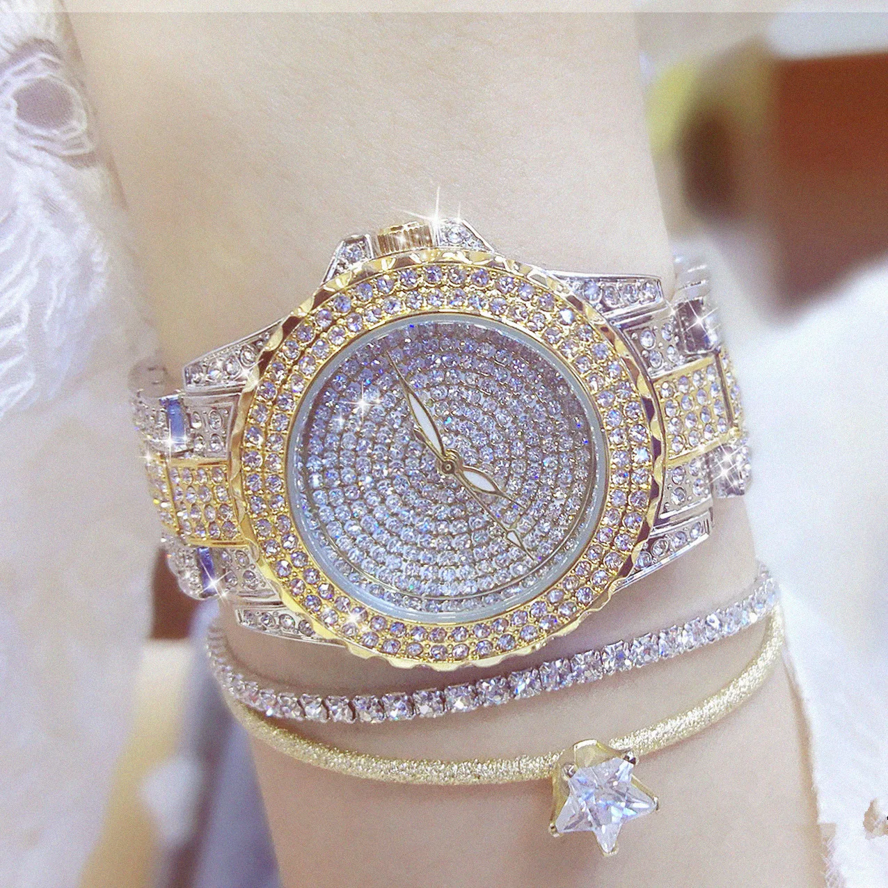

BS Women Gold Watches 1427 Fashion Elegant Lady Dress Watch Casual Female Wristwatch Rhinestone Bracelet Reloje Mujer 2021 New