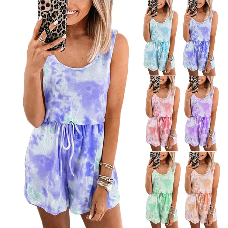 

2021 Summer best selling monsoon Womens Short Fashion Tie Dye Lady One Piece Romper women's clothing Jumpsuits