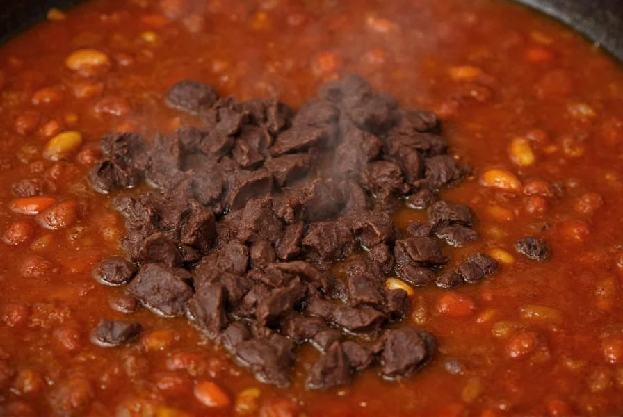 Close-up of dark chocolate chunks melting into simmering chili with visible steam