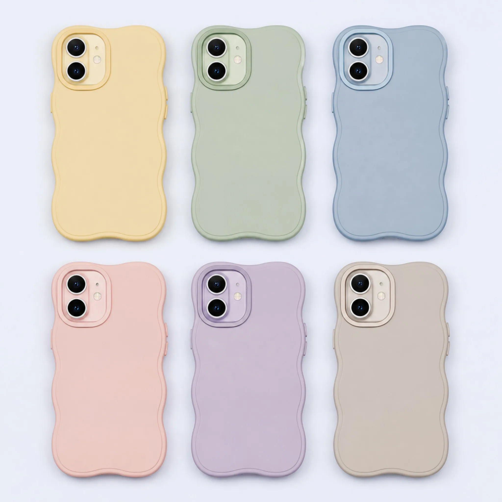 6 Pastel Aesthetic Colorways of Wavy Silicone Phone Cases: Butter Yellow, Sage Green, Slate Blue, Baby Pink, Lilac Purple, Warm Greige