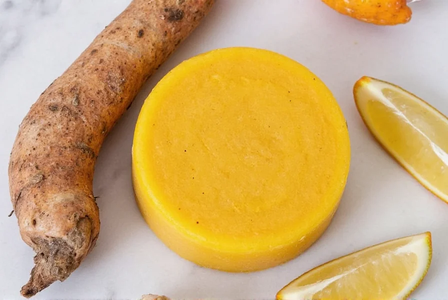Turmeric soap bars displayed alongside fresh turmeric root and leaves