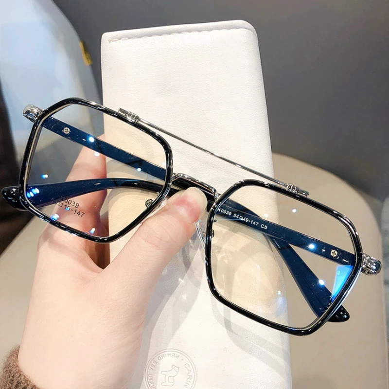 Fashion Double Bridge Square Anti-blue Light Glasses Women Men Vintage Black Clear Computer Glasses Oversize Frame Eyeglasses