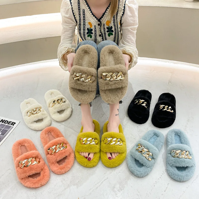 

Hot Sale Fashion Lady Comfort Fluffy Flat Chain Plush Slides Faux Fur Slipper For Women