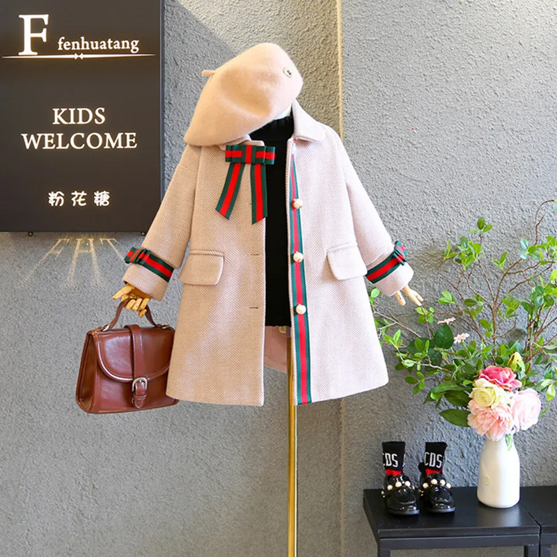 

Korean Design winter Wool Fabric Girls fashion belt Ribbon decoration thick Outwear Winter Kids Overcoat