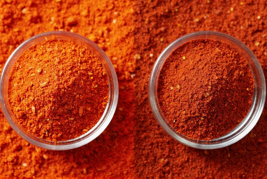 Close-up of red pepper flakes next to crushed red pepper in small bowls showing visual comparison