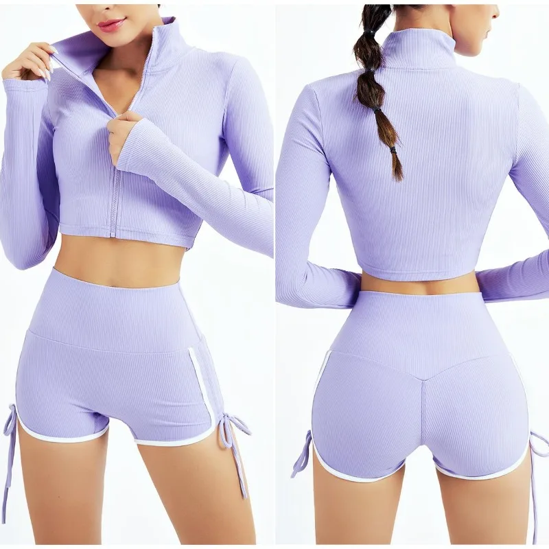 

2022 New Women Ribbed Long Sleeve Crop Top With Biker Shorts Tights Yoga Set Gym Clothing Sportswear For Running Fitness, Customized colors