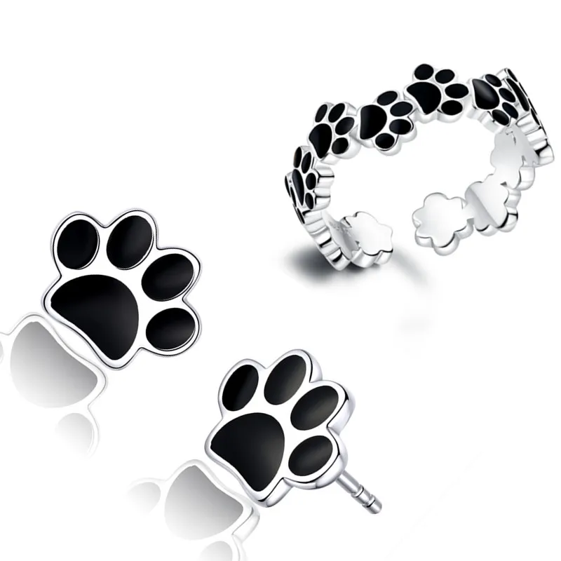 Italy 925 sterling silver dog cat footprints cute paw finger ring earrings for women jewelry