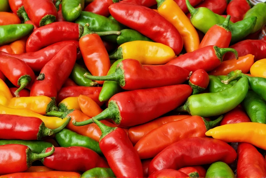 Colorful arrangement of various chili peppers with heat level indicators