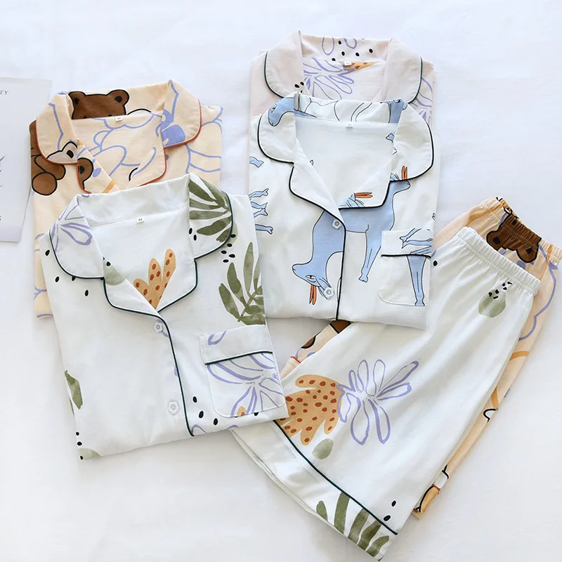 

Summer Homewear Women 100%Cotton Pajama Shorts Set Short Sleeve Home Suit Female Kawaii Cartoon Nightwear Loose Homewear Pajamas