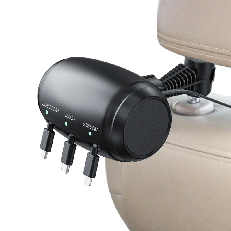 

New Car Taxi Headrest Backseat Retractable Cord 3 in 1 Power Charging Station Car Charger Type C Micro USB for phone tablet, Black