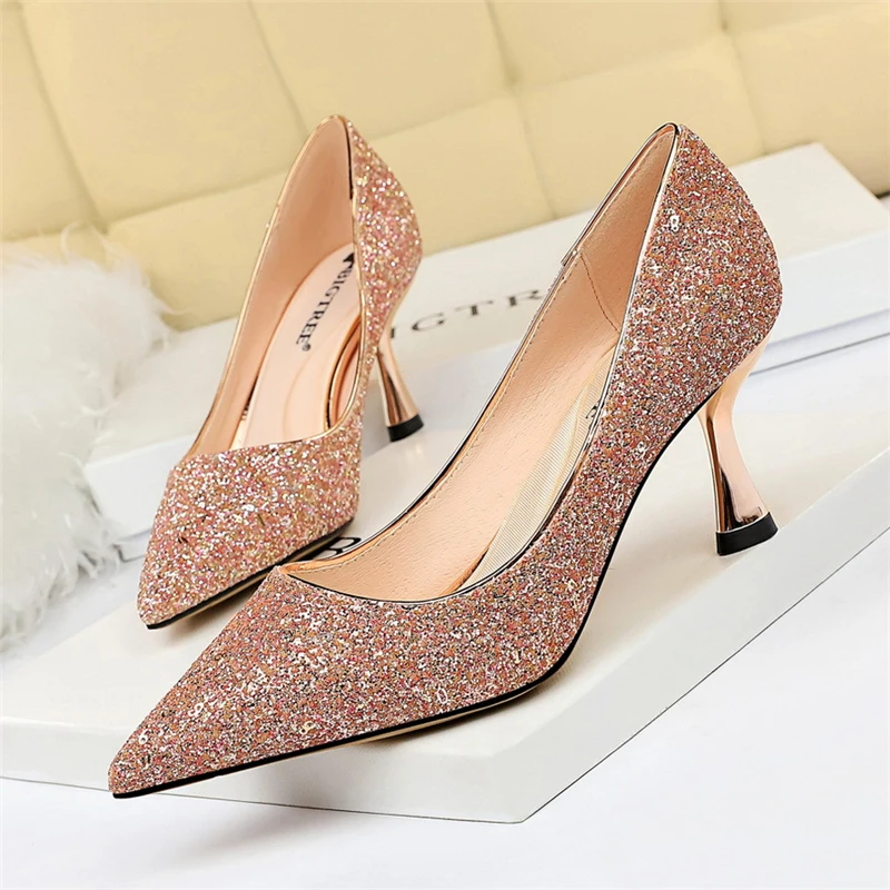 

Glitter Shiny Stiletto Medium Heels Sexy Women Pumps Fasion Wedding Shoes for Bride