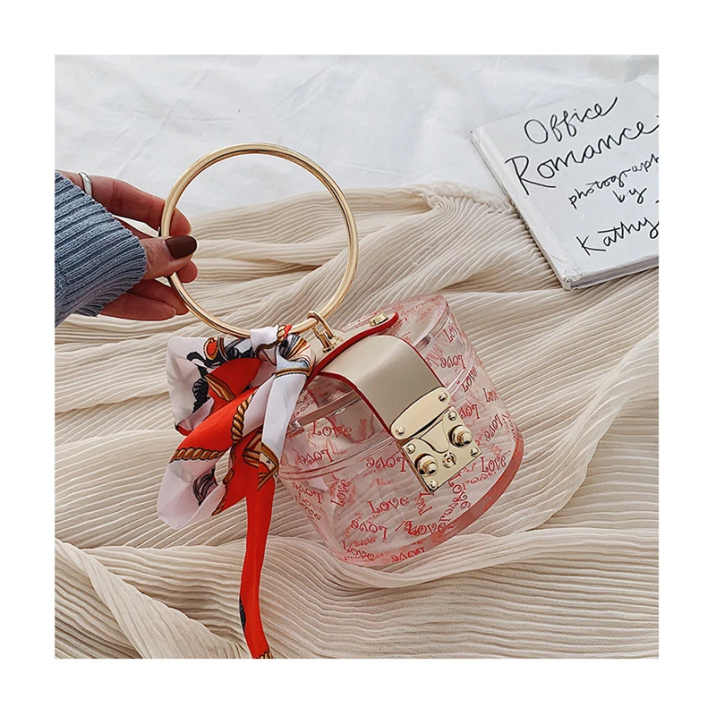 

Fashion summer Jelly Love Bear Print tote bag women transparent clear Shoulder Crossbody bag Round Metal Handle handbag