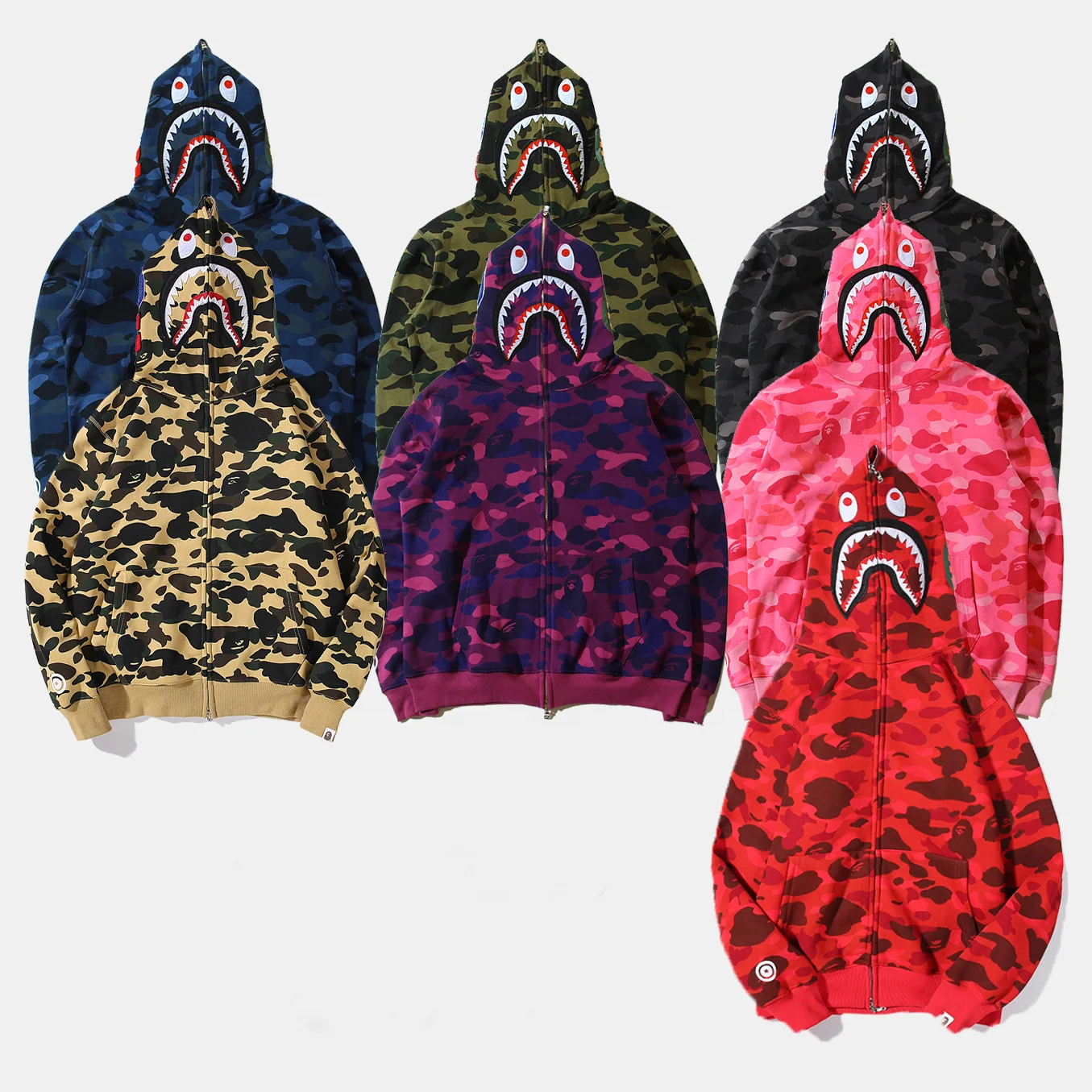 

Shark Head Trendy Brand Camouflage Men Long Sleeve Full Zip Up Face Bathing ape Hoodie, Picture shows