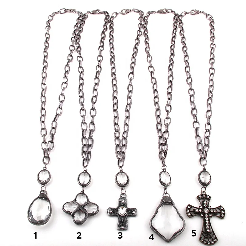 

Fashion Women Ethnic jewellery necklace Black Gun Plated Long Chain Glass Pendant Cross Necklaces