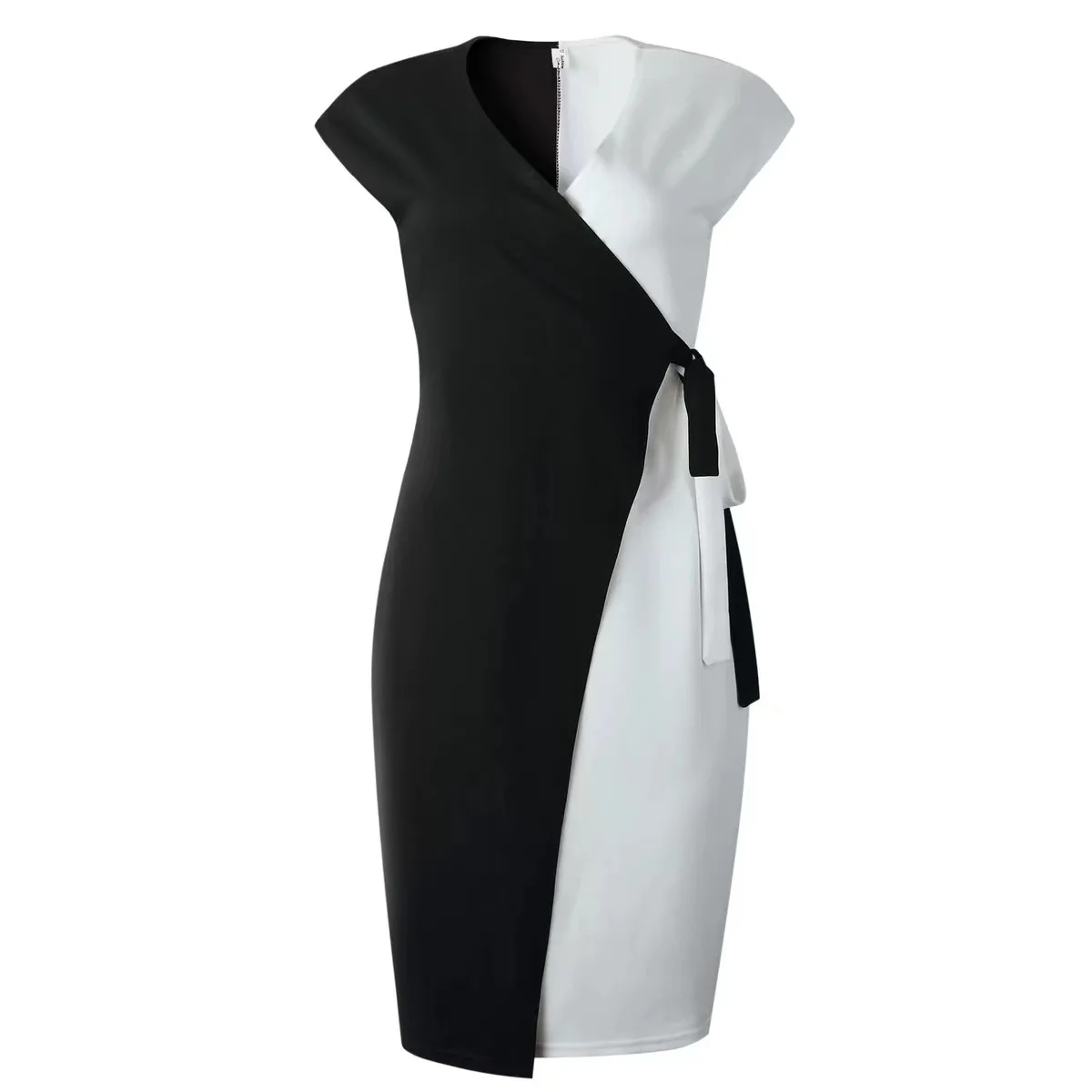 

Africa Womens Plus Size Knee-length Contrast Dress Short Sleeve Contra Midi Elegant Dresses Summer Sexy High Waist Robe 2022, Black combine with white