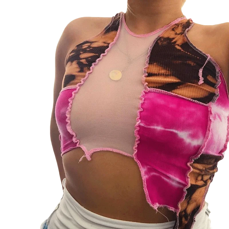 

Spring Print Thread End Design Patchwork Sleeveless Female Sleeveless Tank Tops Streetwear Casual Skinny Crop Tops For Women