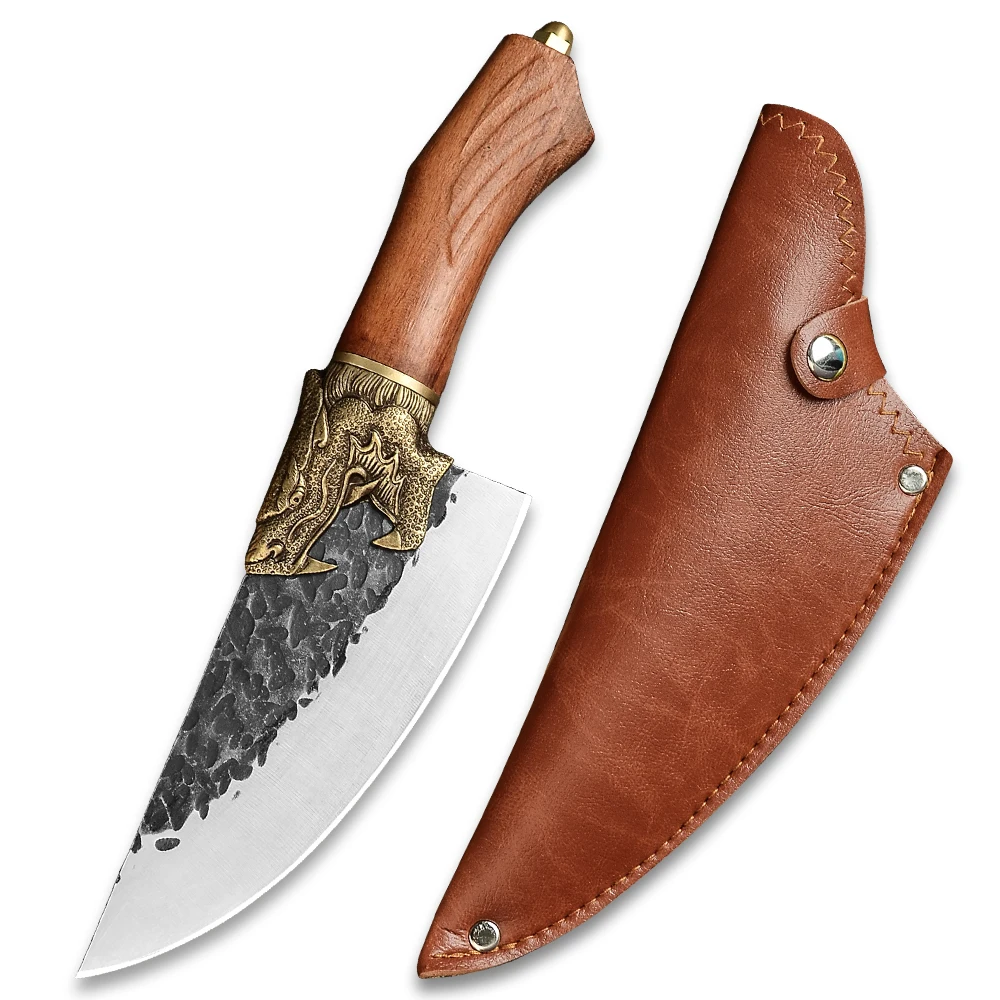 

High Quality Rosewood Handle Dragon Design 4mm Thick Blade 6.5 Inch 7cr17 Stainless Steel Hand Forges Forging Knives Chef Knifes