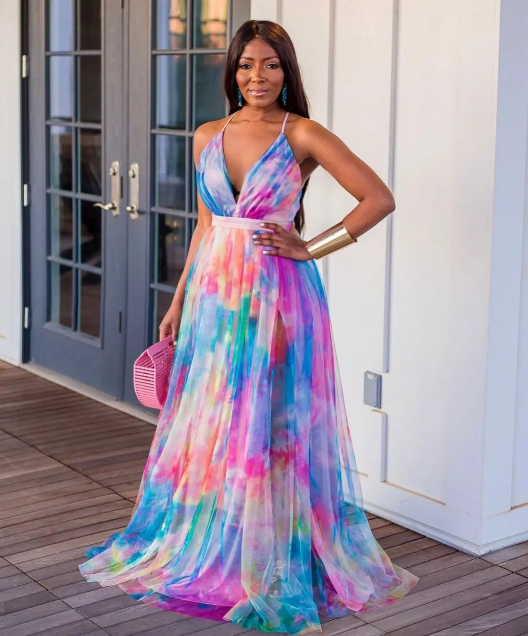 

Tie Dye Print Crisscross Backless Mesh Prom Dress