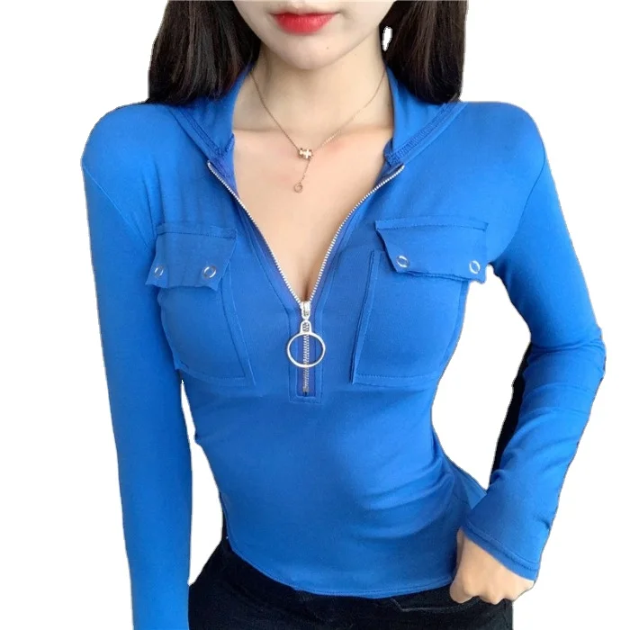 

2020 new long sleeve t-shirts hooded zipper pockets solid casual style moda feminina Women's Clothing Tees ladies tops blue