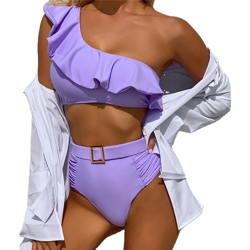 

Wholesale New Sexy Solid Color Ruffles One Shoulder Split Two Piece Beachwear Swimsuit Bodysuit Women, Customized colors