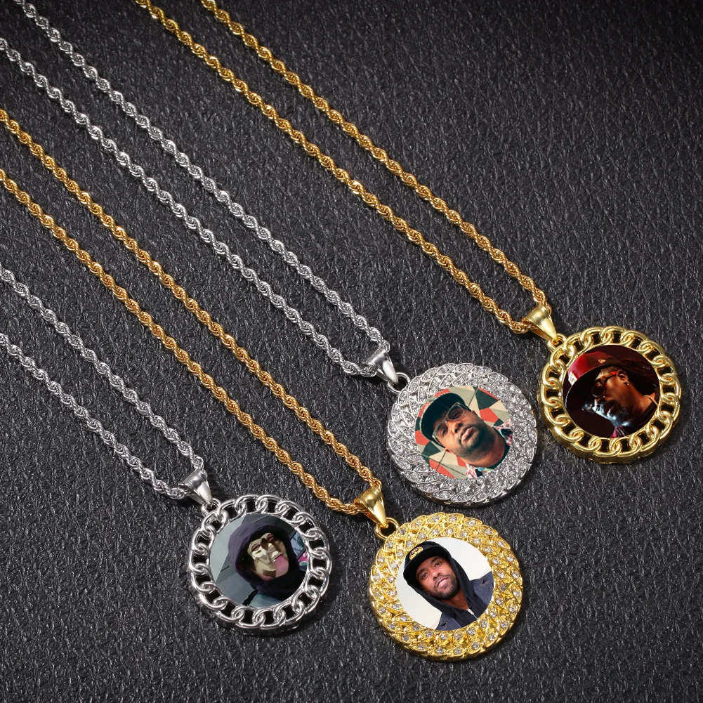 

Custom Hiphop Jewelry 18k Gold Plated Cuba Chain Round Circle Picture Frame Pendant Sublimation Necklace, Gold silver