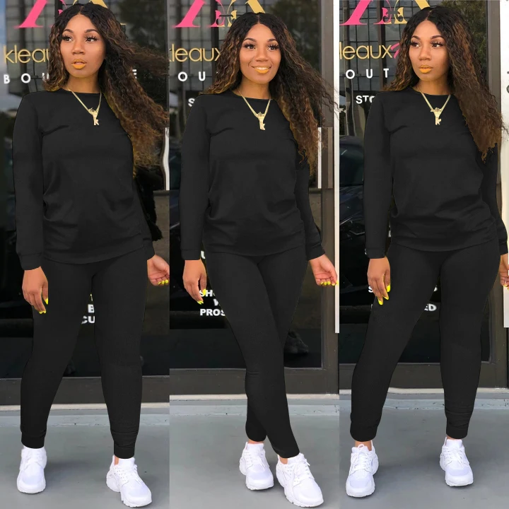 

Hot selling solid color high collar loose long sleeve slit 2 piece set, 3 color