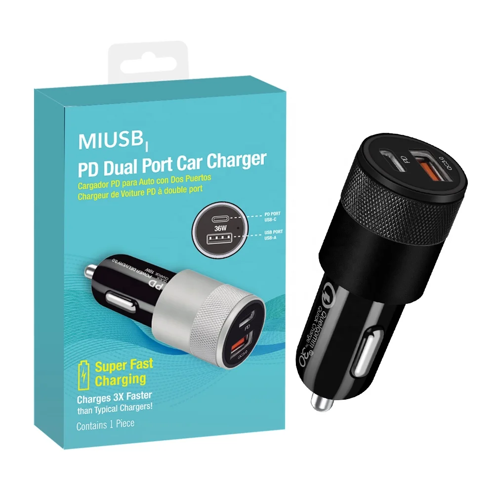 

Hot Sell PD Car Charger QC 3.0 36W Car Phone Charger type c car fast charger for iphone charge, Black, white